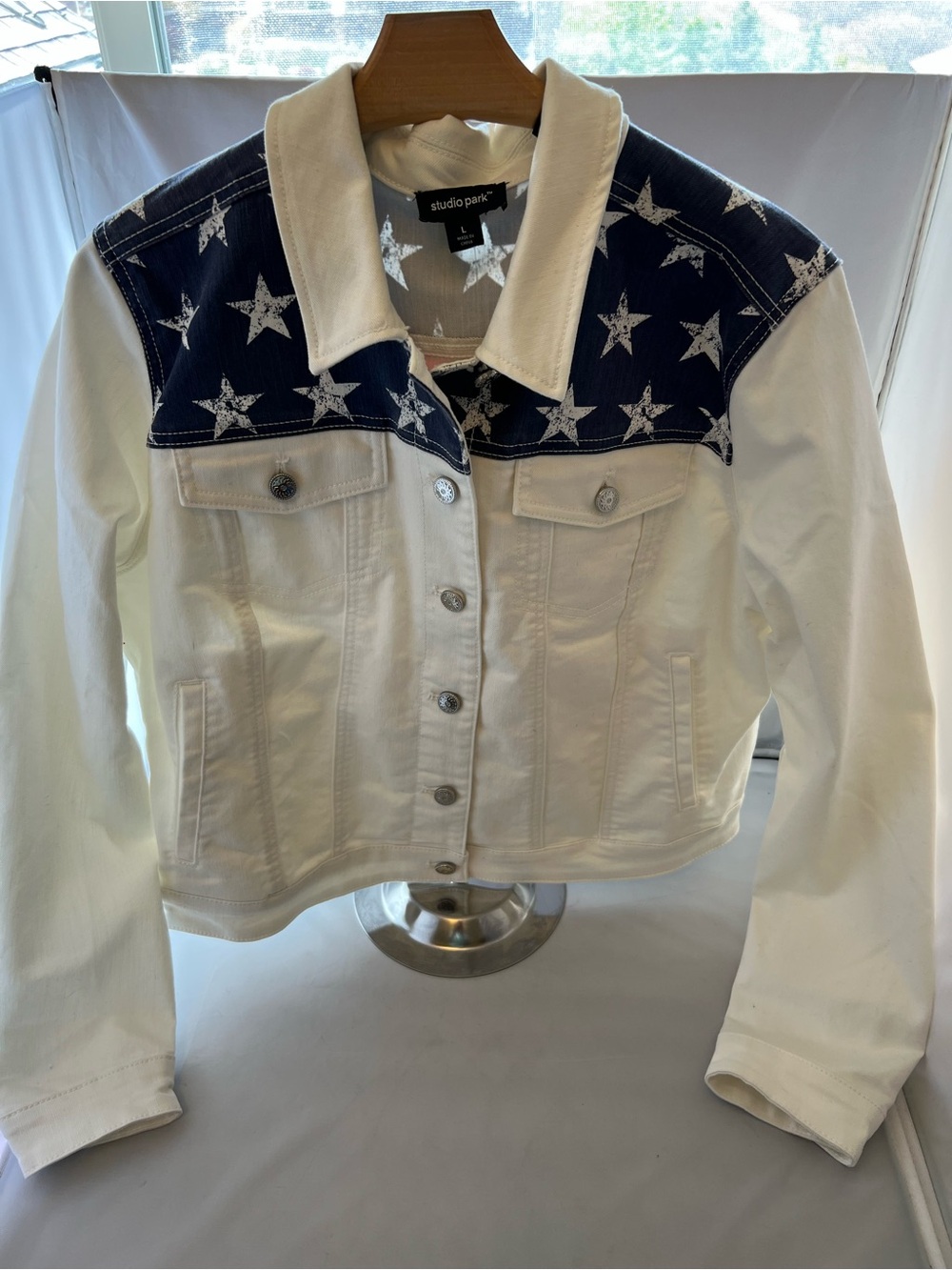 Studio White Denim Jacket with Navy Star Yoke